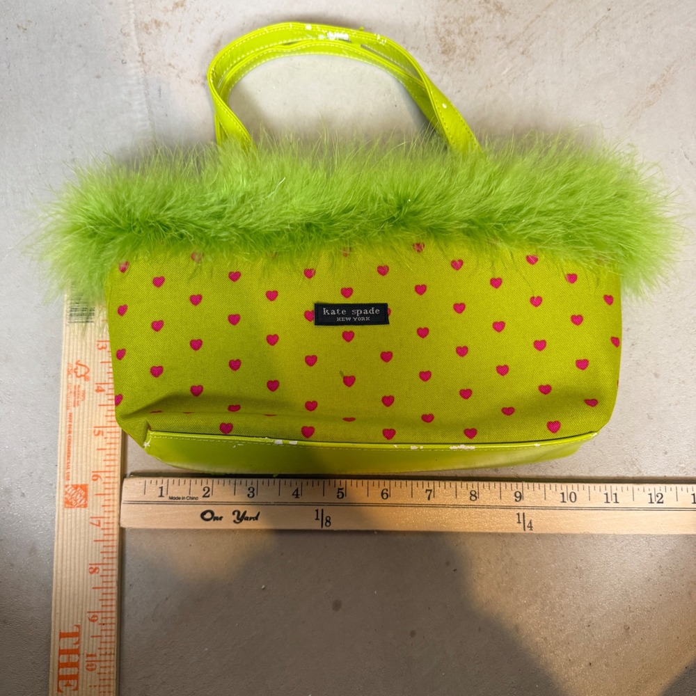 Kate Spade Lime Green Heart Print Feather Trim Bag and Wallet Set Vintage Y2K - Picture 6 of 8